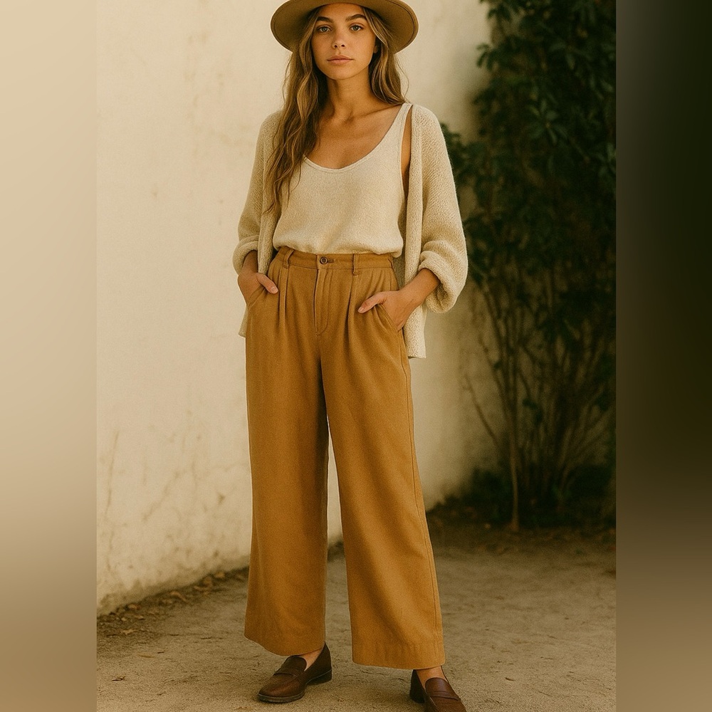 Maeve by Anthropologie Colette Wide Leg Pants MP Tan Camel Linen Blend High Rise